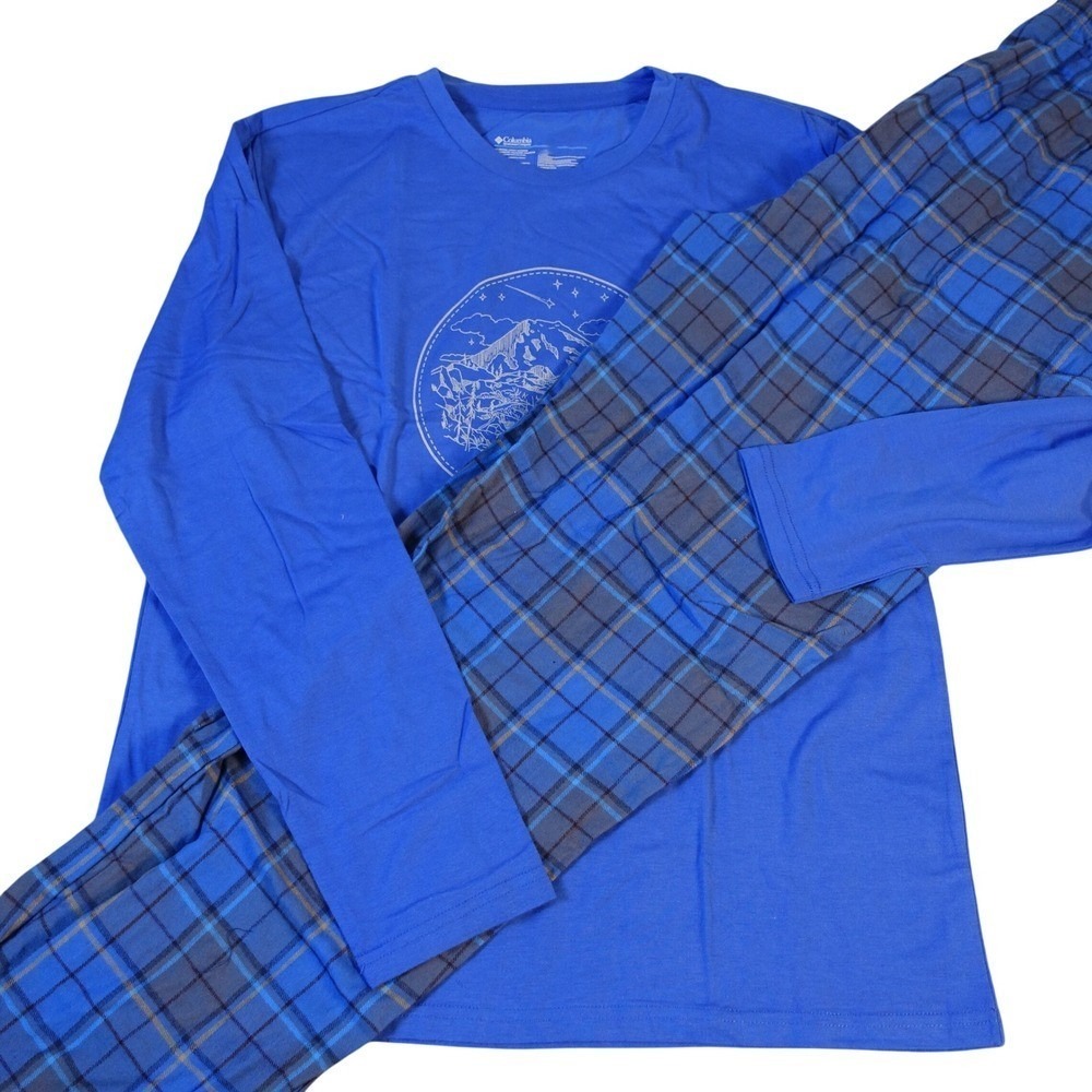 Columbia Pajama Pants Set Men XL Long Sleeve Shirt Mountain Graphic Blue